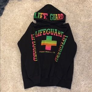 Pismo Beach Lifeguard hoodie with rainbow writing